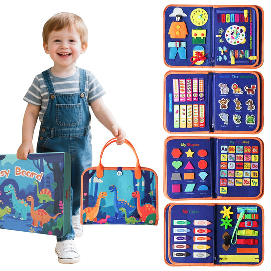 KAWITLO dinosaur busy board front view with engaging Montessori activities for independent play.