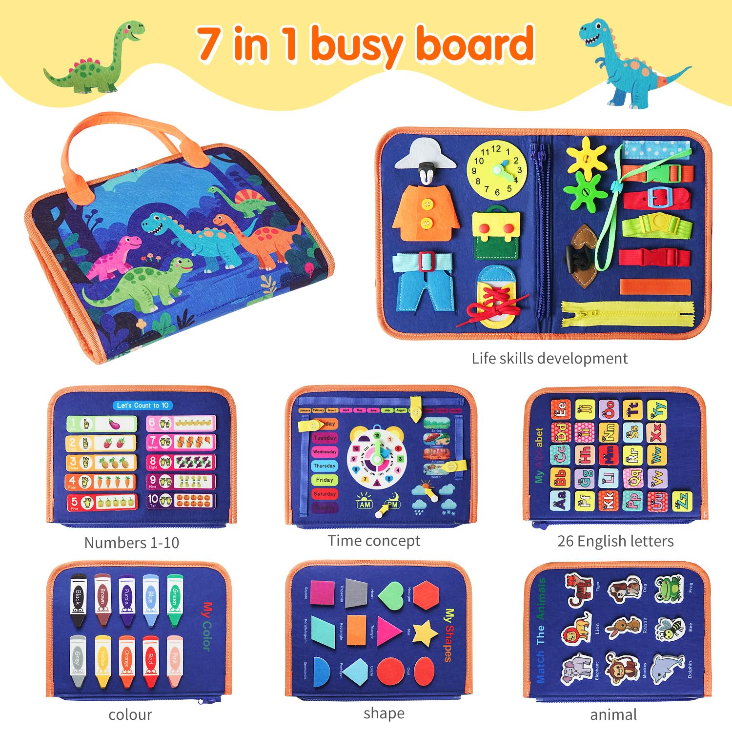 KAWITLO dinosaur busy board open pages showing alphabet and number activities for early learning.