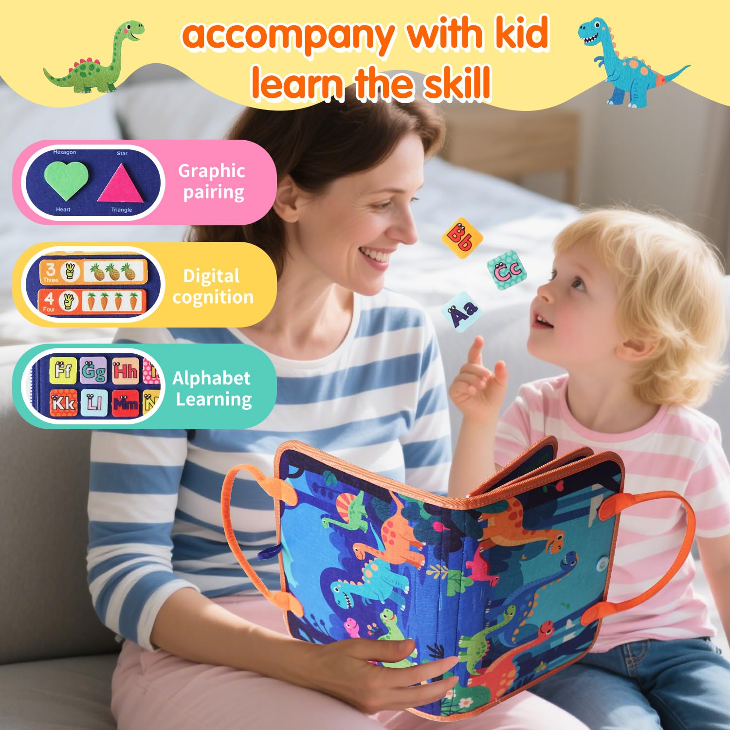 KAWITLO dinosaur busy board travel-friendly design fits bags for trips.