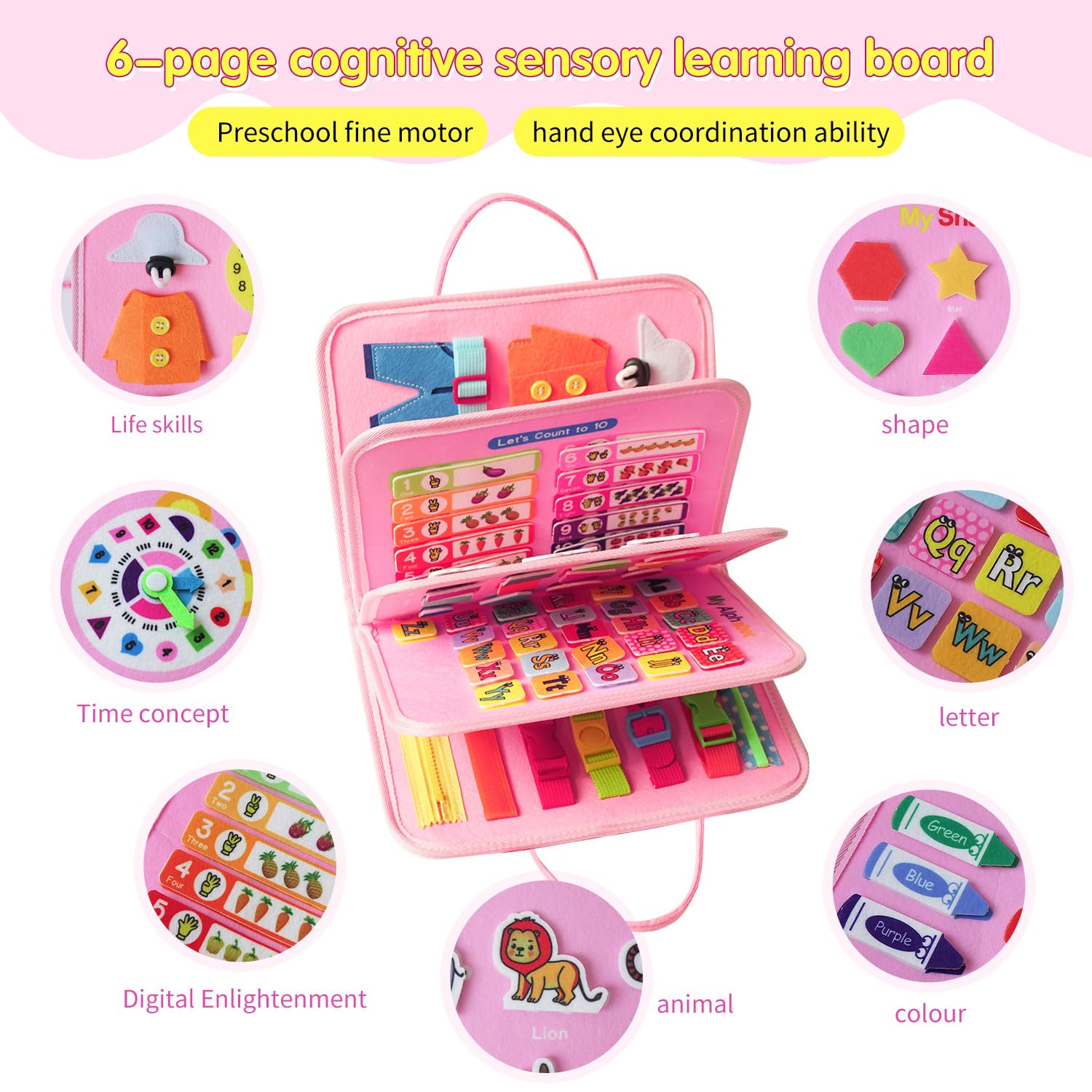 KAWITLO Unicorn Learning Board colors and shapes page builds color recognition.