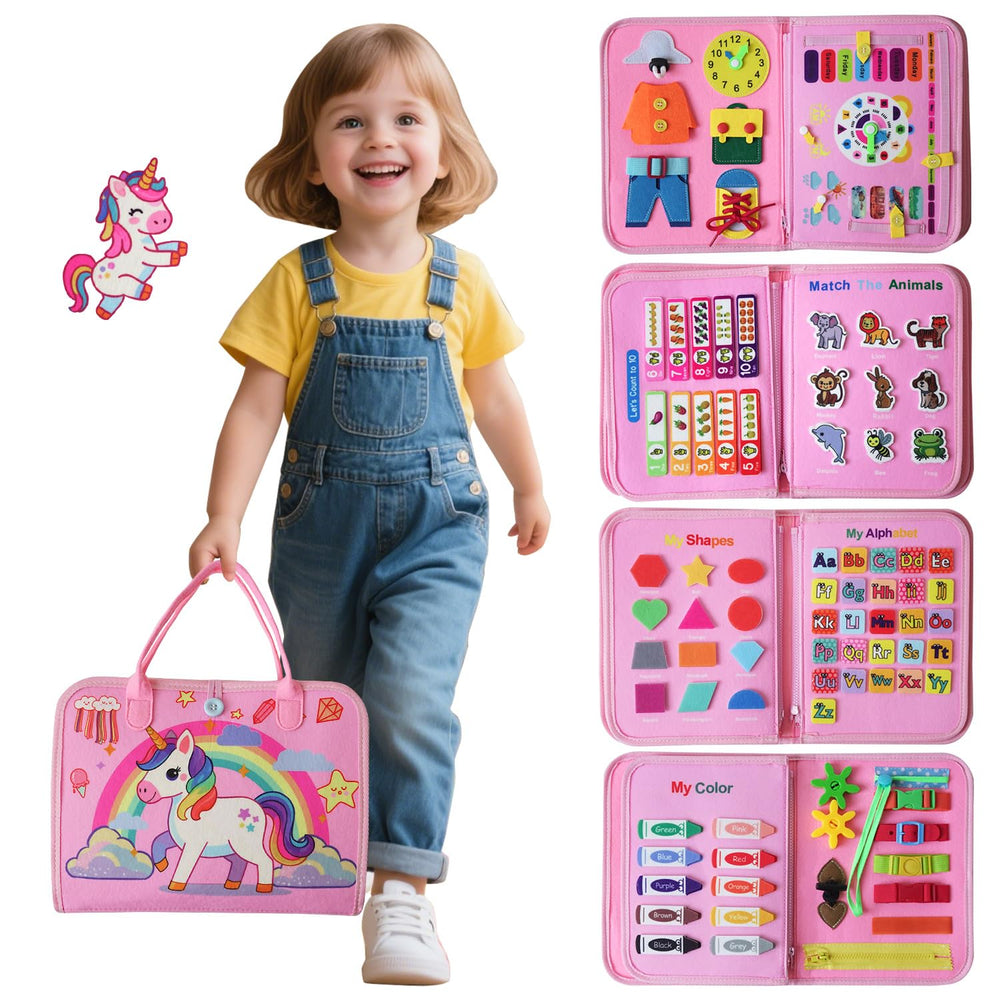 KAWITLO Unicorn Learning Board dress and lace page promotes independent dressing practice.