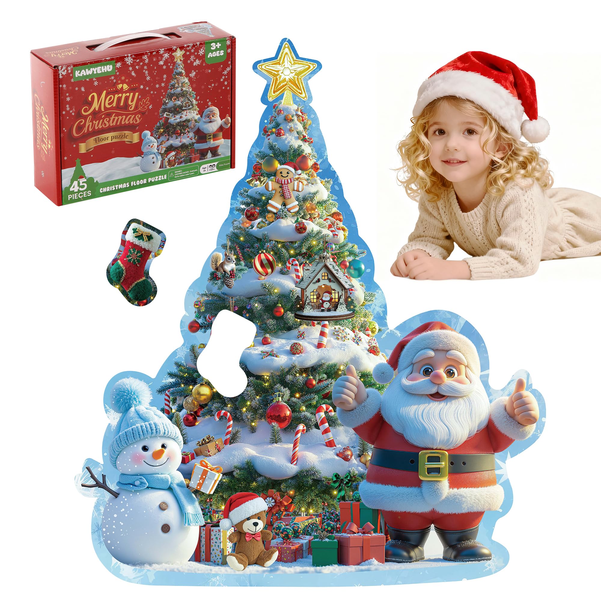 Kawyehu floor puzzle Santa and tree scene encourages imaginative play and family bonding.