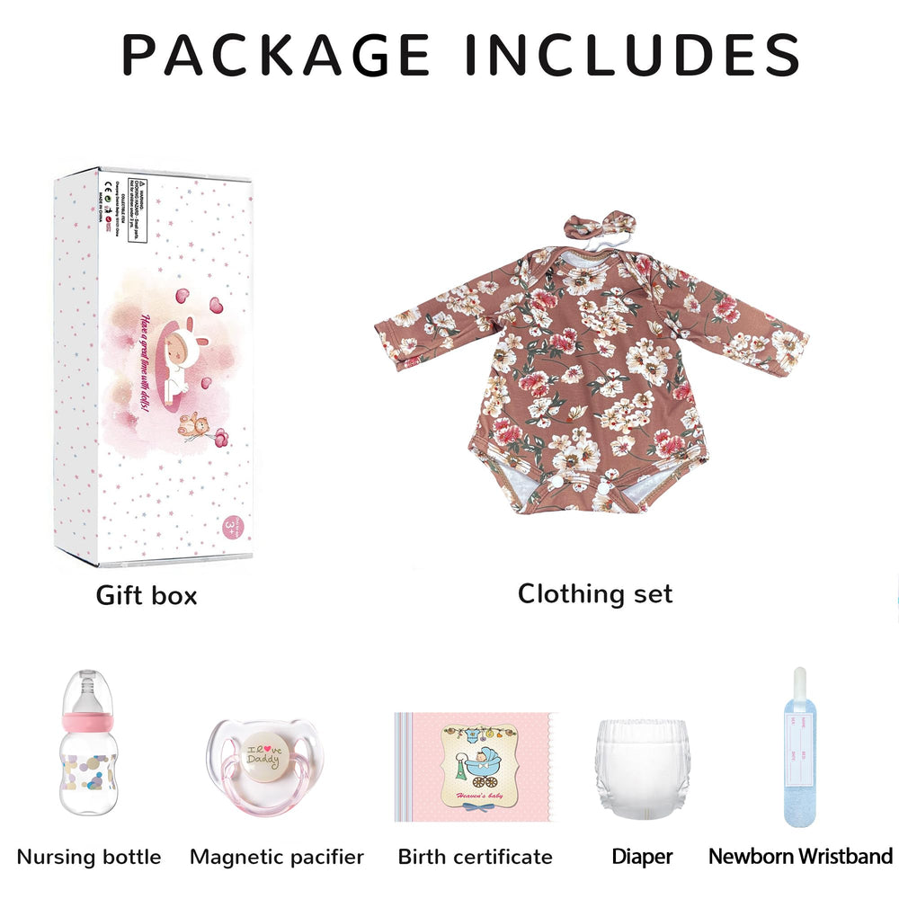 Kaydora Reborn gift box includes birth card and essentials.