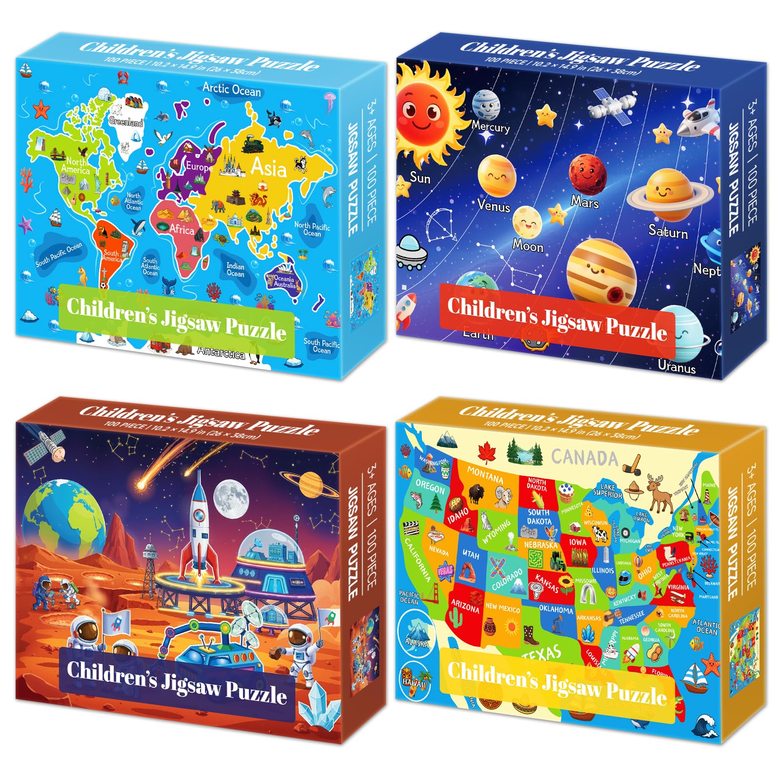 Kazmido 4-pack puzzle box showcasing four themes for kids' playtime