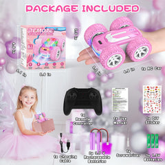 Kazswitle pink remote car packaging contents include batteries and charger for ready-to-run play