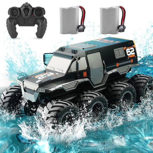 KB KAIBO 2-battery RC truck on land and water showing versatile all-terrain action