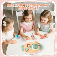 KDSFT Tea Party Set wooden tray organizes all pieces for easy pretend meals.
