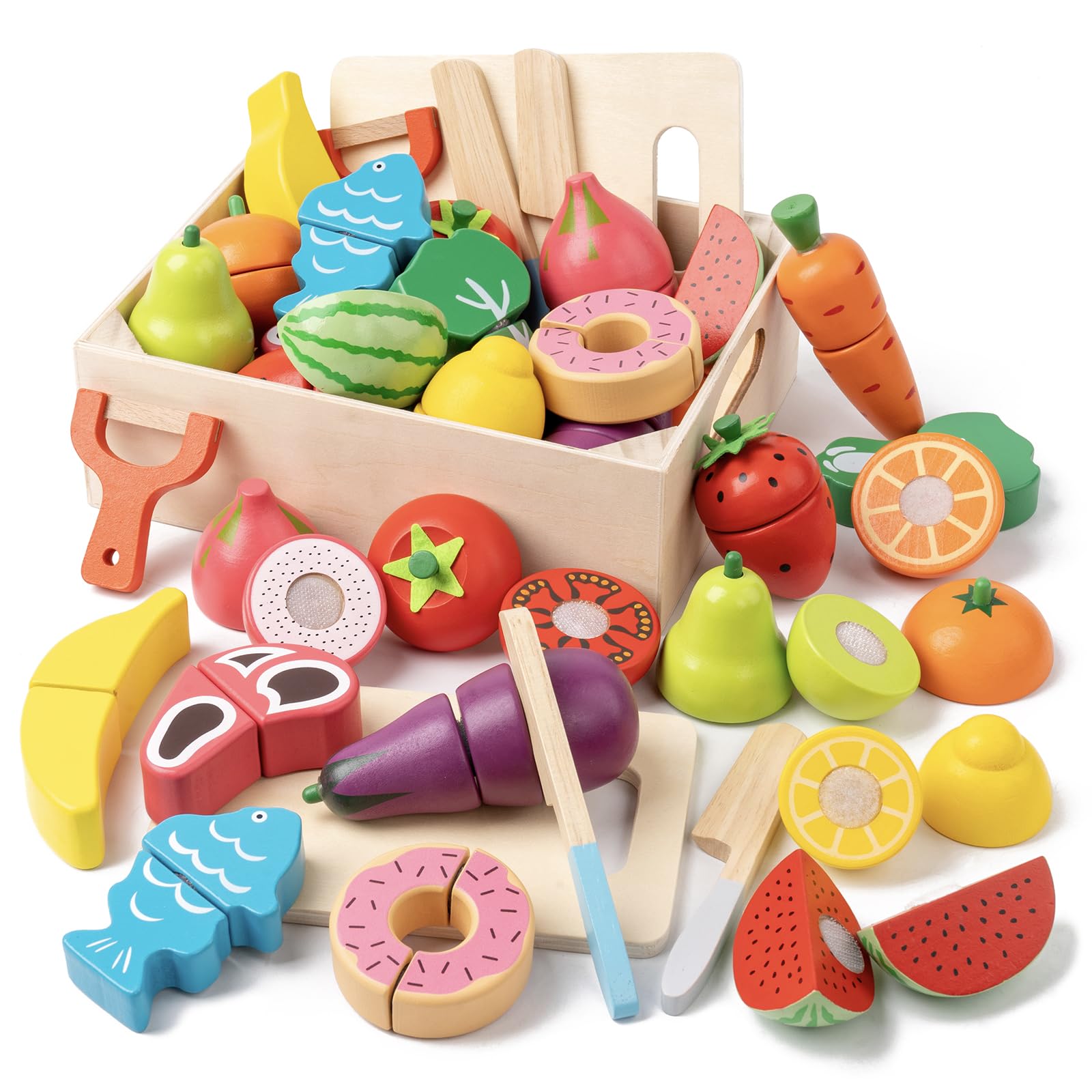 KDSFT wooden play food 34pcs set with colorful fruits for imaginative play.