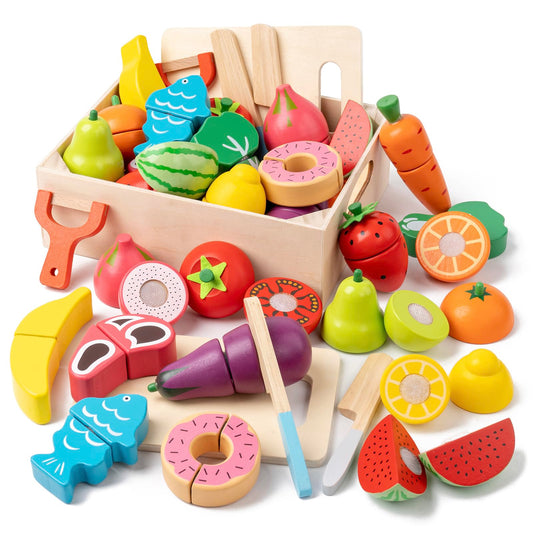 KDSFT wooden play food 34pcs set with colorful fruits for imaginative play.