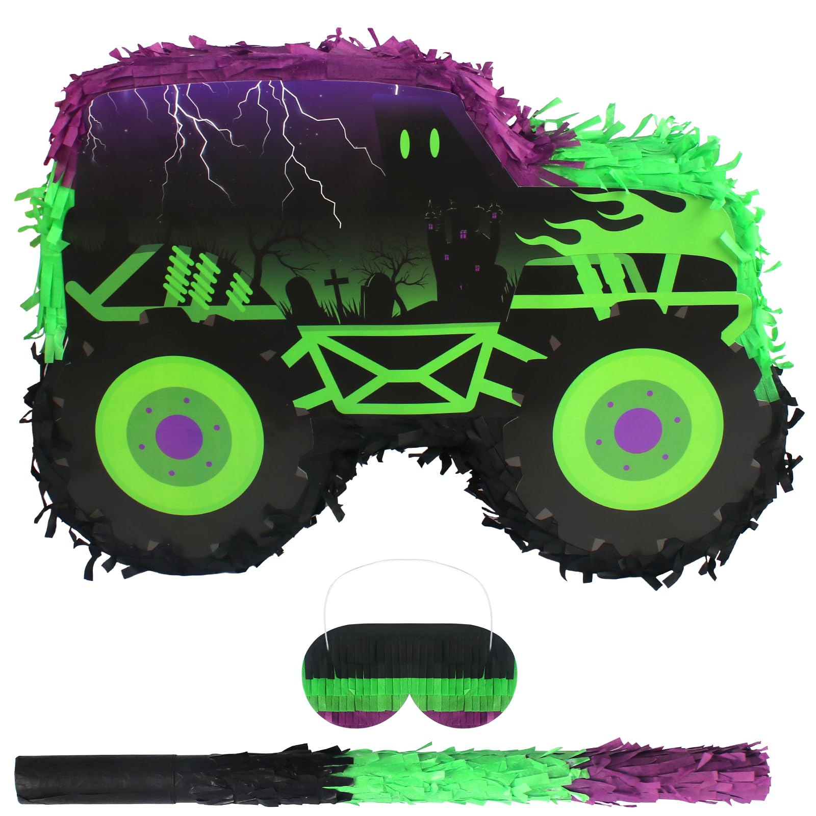 Kedaijin green and purple monster truck pinata front view for a vibrant party centerpiece.
