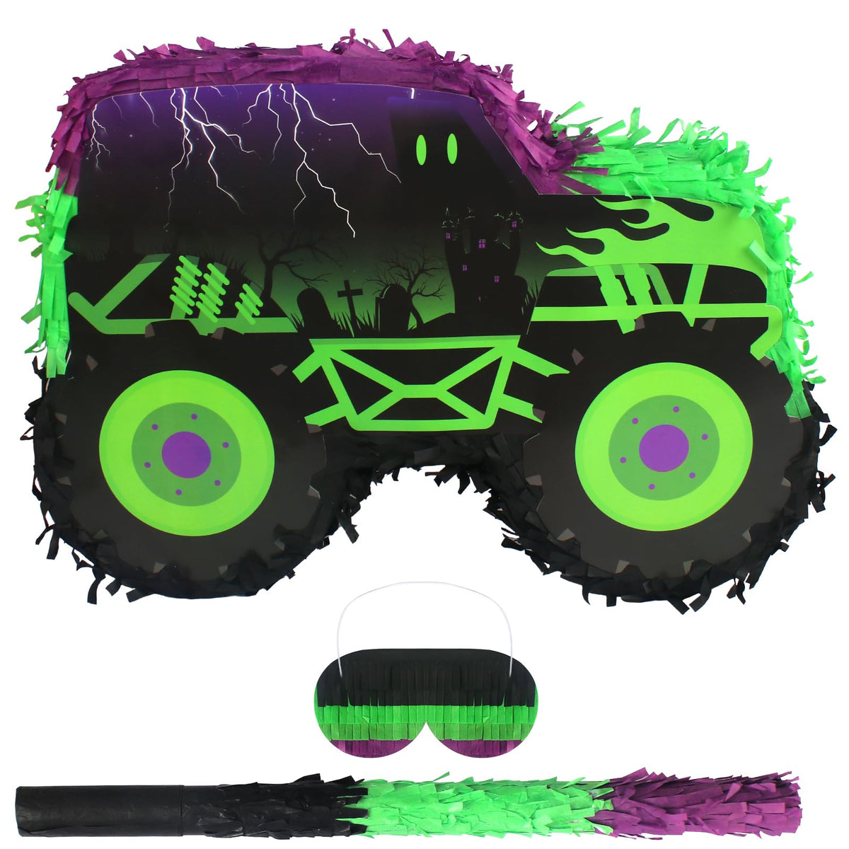 Kedaijin green and purple monster truck pinata front view for a vibrant party centerpiece.