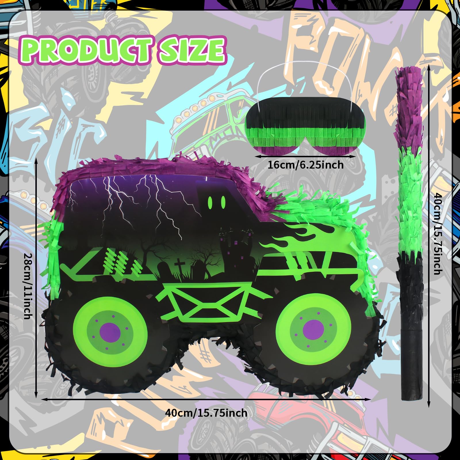 Kedaijin monster truck pinata side view showing colorful details for truck-themed celebrations.