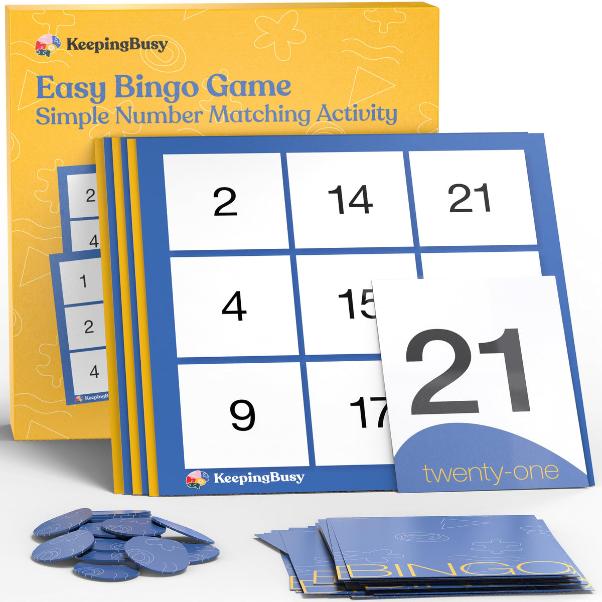 Keeping Busy bingo dementia calling cards, large and legible for inclusive group play.