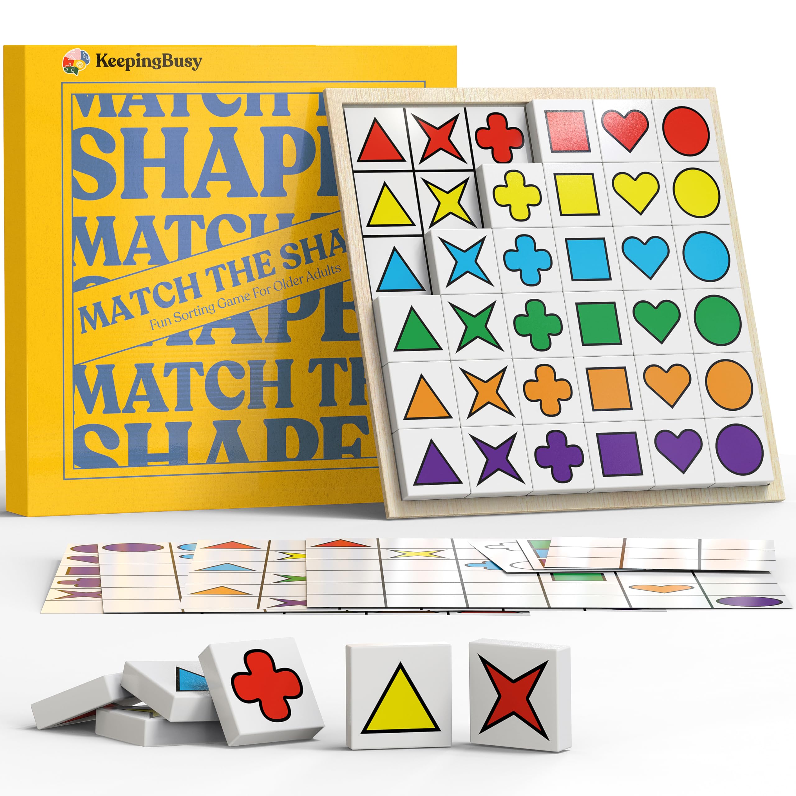 Keeping Busy Match The Shapes tiles set with 36 tactile colorful wood pieces for seniors.