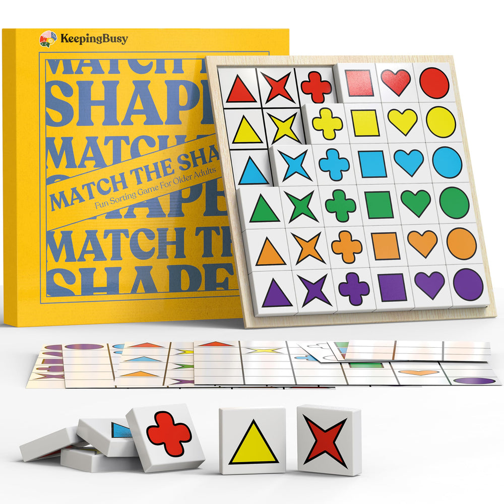 Keeping Busy Match The Shapes tiles set with 36 tactile colorful wood pieces for seniors.
