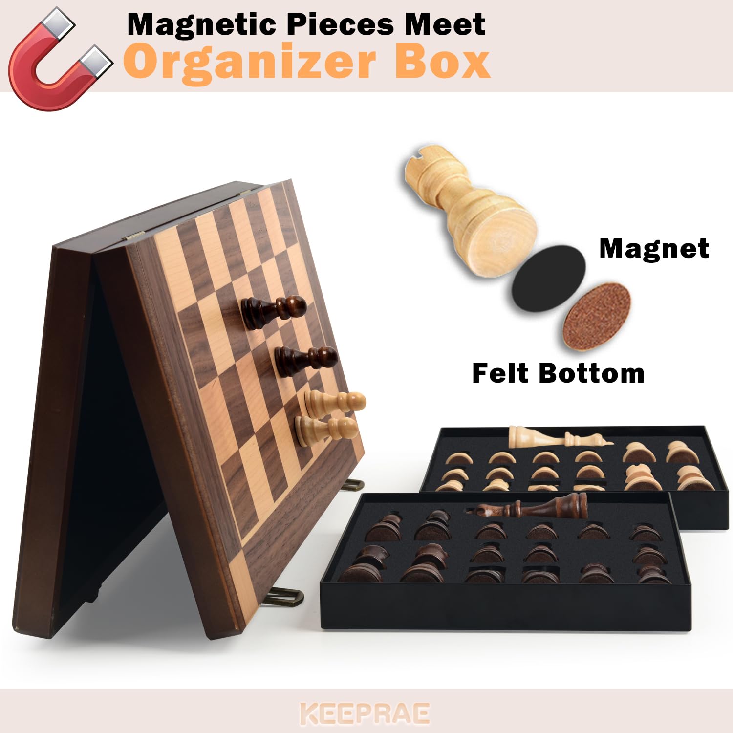 KEEPRAE folding travel chess board designed for easy transport and storage.