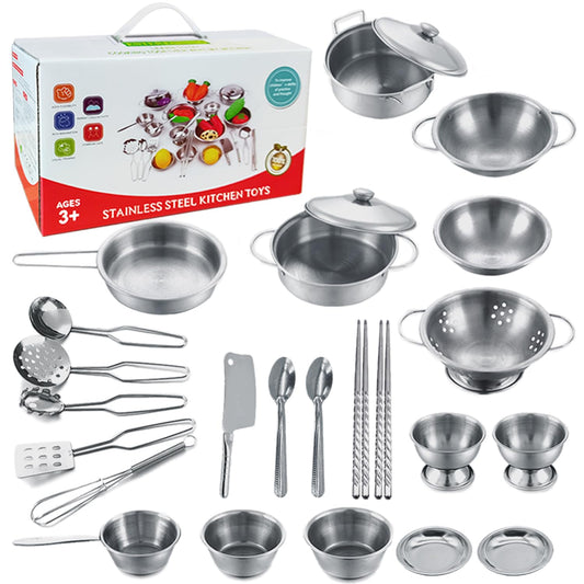 KEJIH tiny classic stainless steel kids utensils set with pots for imaginative pretend cooking
