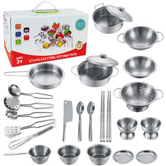 KEJIH tiny classic stainless steel kids utensils set with pots for imaginative pretend cooking