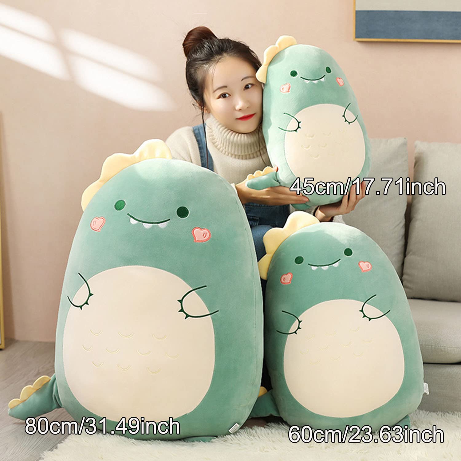 Kekeso dinosaur plush hug pillow in bed, perfect for reading and naps