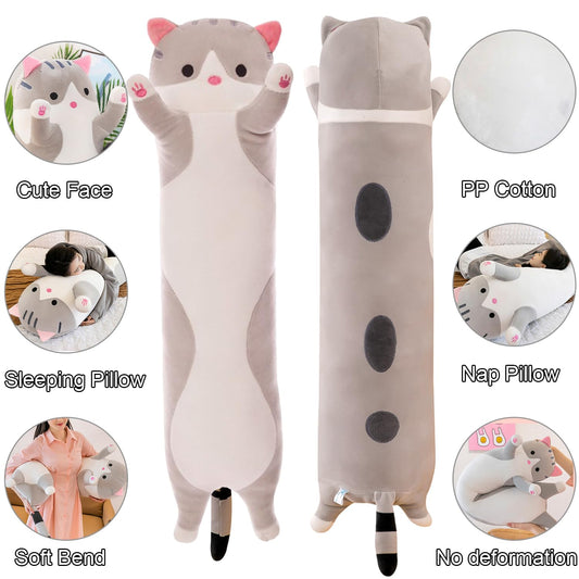 Kekeso giant cat pillow gray full-length hug for cozy lounging.