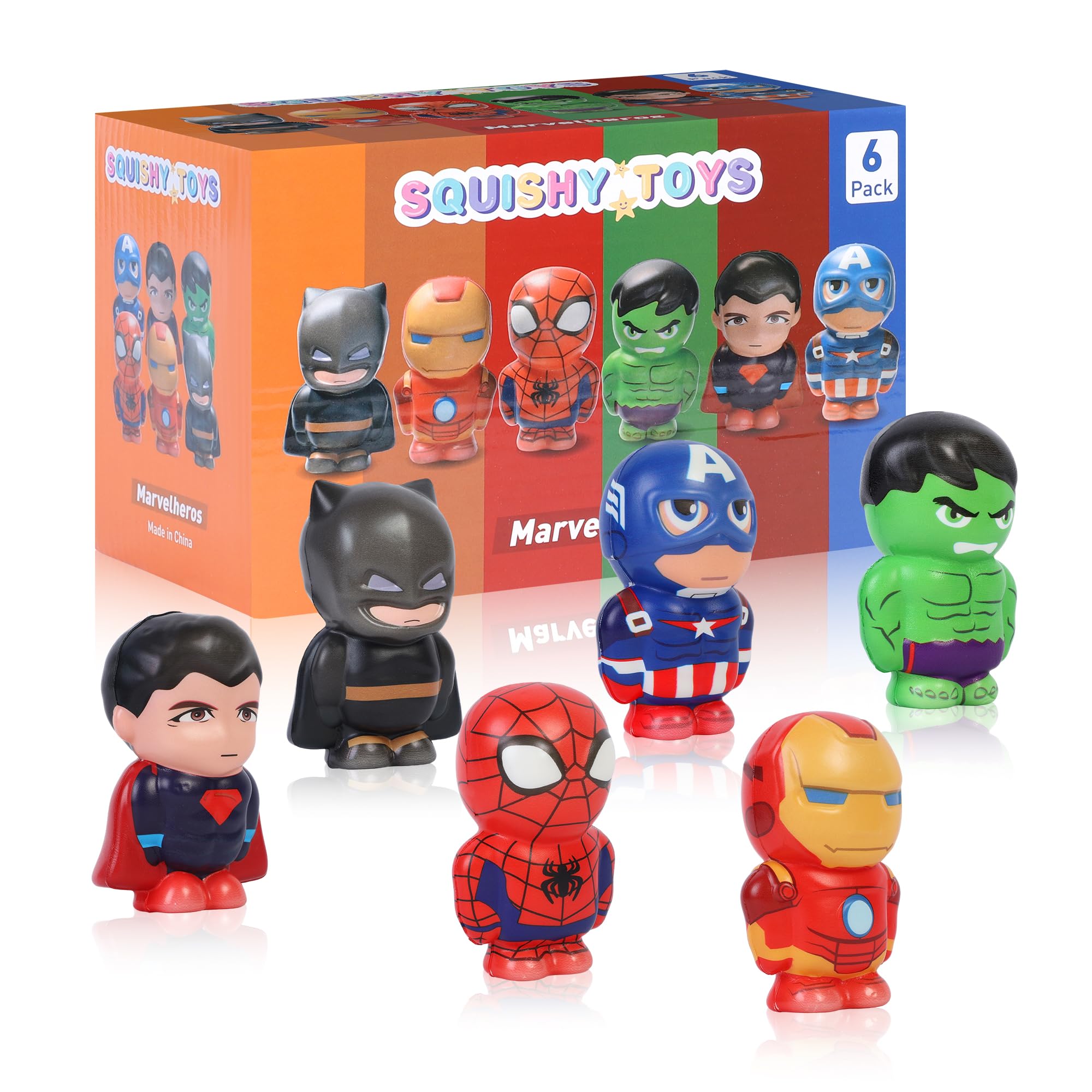 KELOTECH Marvelheros squishy six-pack dolls collection, vibrant character designs for cheerful sensory play.