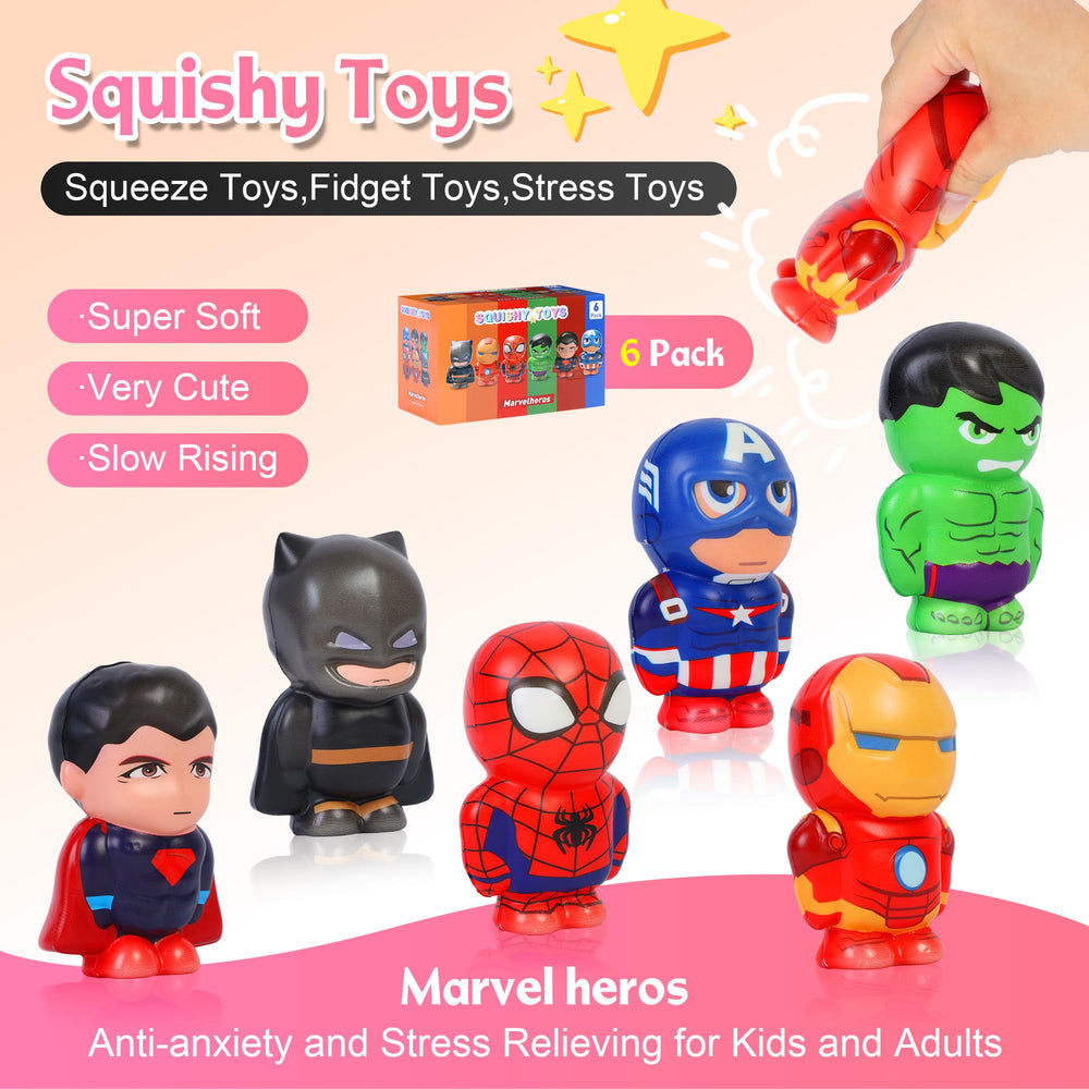KELOTECH Marvelheros squishy dolls front view shows cute shapes inviting gentle squeezing and play.