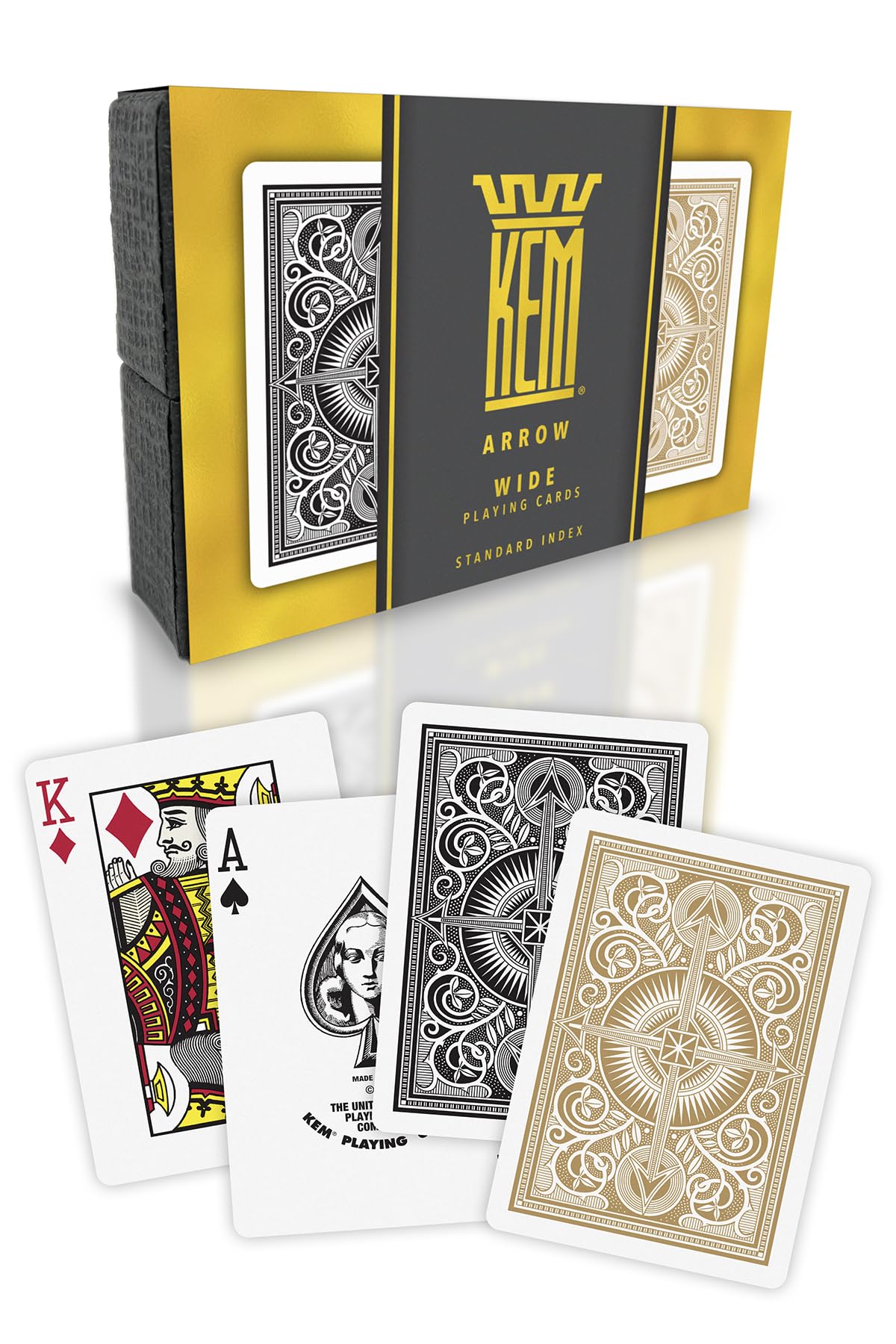 KEM Arrow Black and Gold cards in premium gift box for display and gifting.
