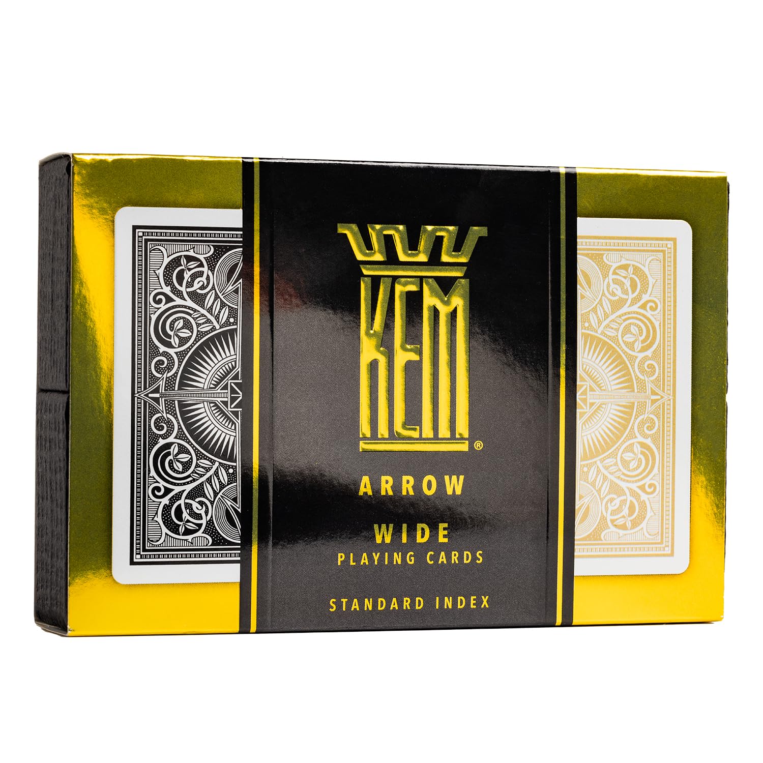 KEM Arrow Black and Gold twin decks ready for casino-grade, reliable play.