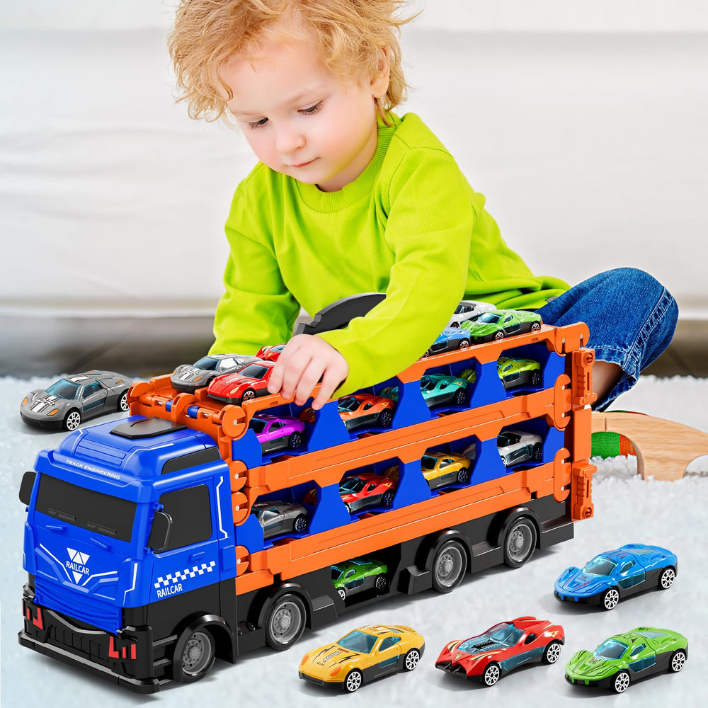 Kenthoris transport truck with 24 die-cast cars for play and storage.