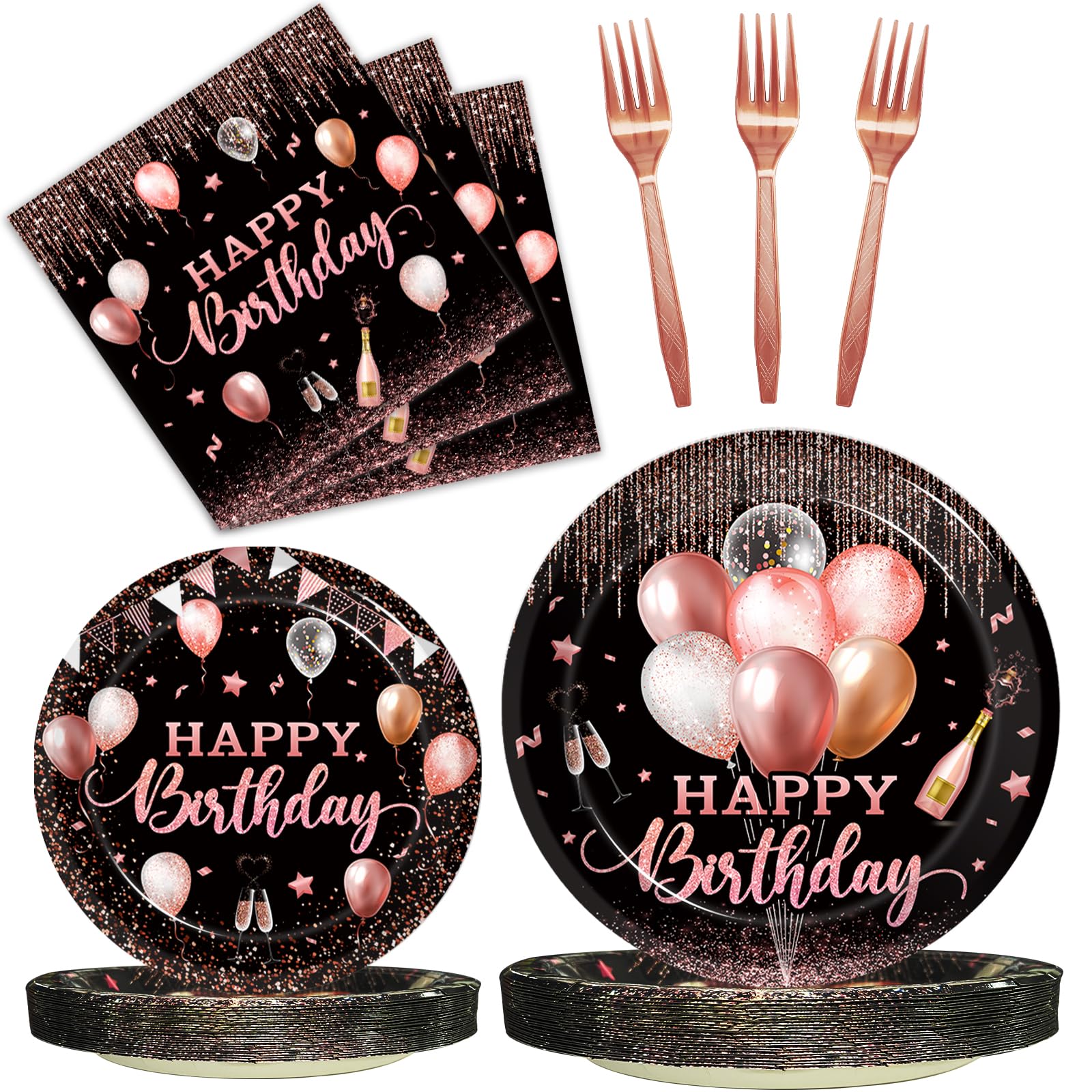 Kepeel rose gold birthday plates, 24-count, elegant disposable dinnerware for celebrations.