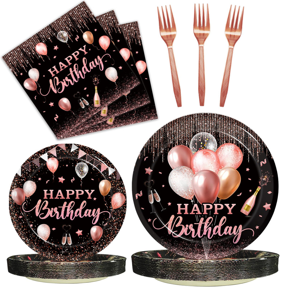 Kepeel rose gold birthday plates, 24-count, elegant disposable dinnerware for celebrations.