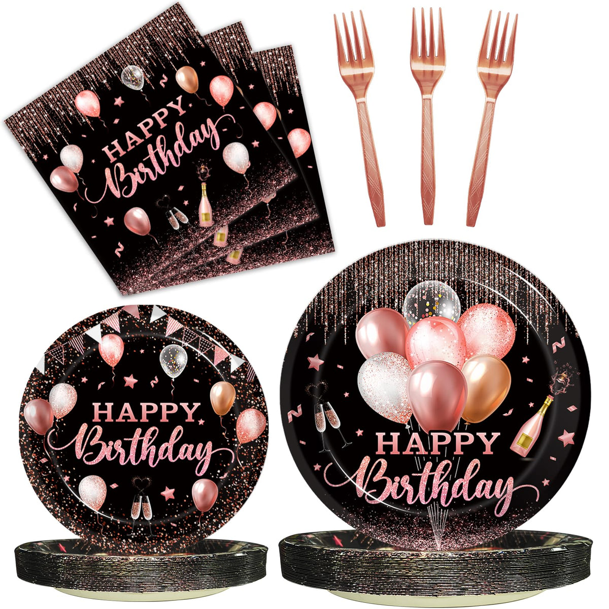 Kepeel rose gold birthday plates, 24-count, elegant disposable dinnerware for celebrations.