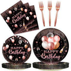 Kepeel rose gold birthday plates, 24-count, elegant disposable dinnerware for celebrations.