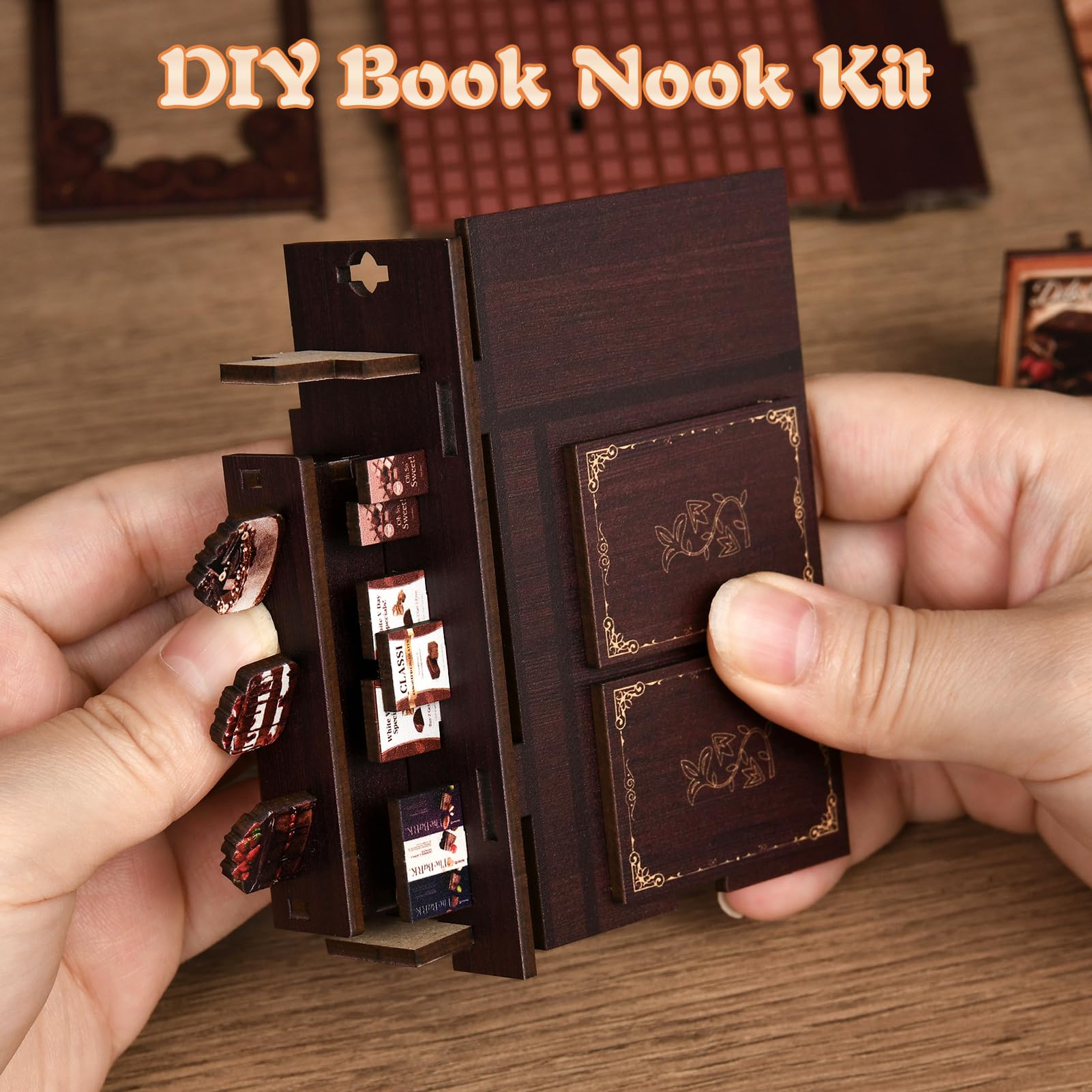 KERNOWO Book Nook Kit desk-side closeup reveals tiny details.