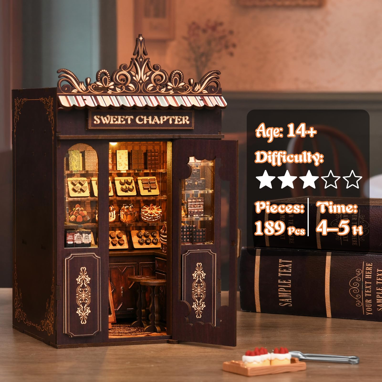 KERNOWO Book Nook Kit LED light on with warm glow.
