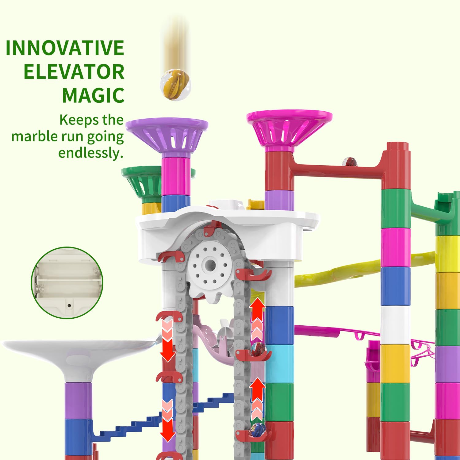 KERUVOTA Glow-in-the-Dark Elevator marble run glows in low light.