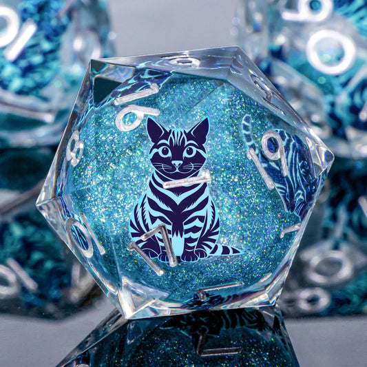 KERWELLSI cat-liquid-core blue d20 dice showcasing shimmering suspension for immersive gameplay