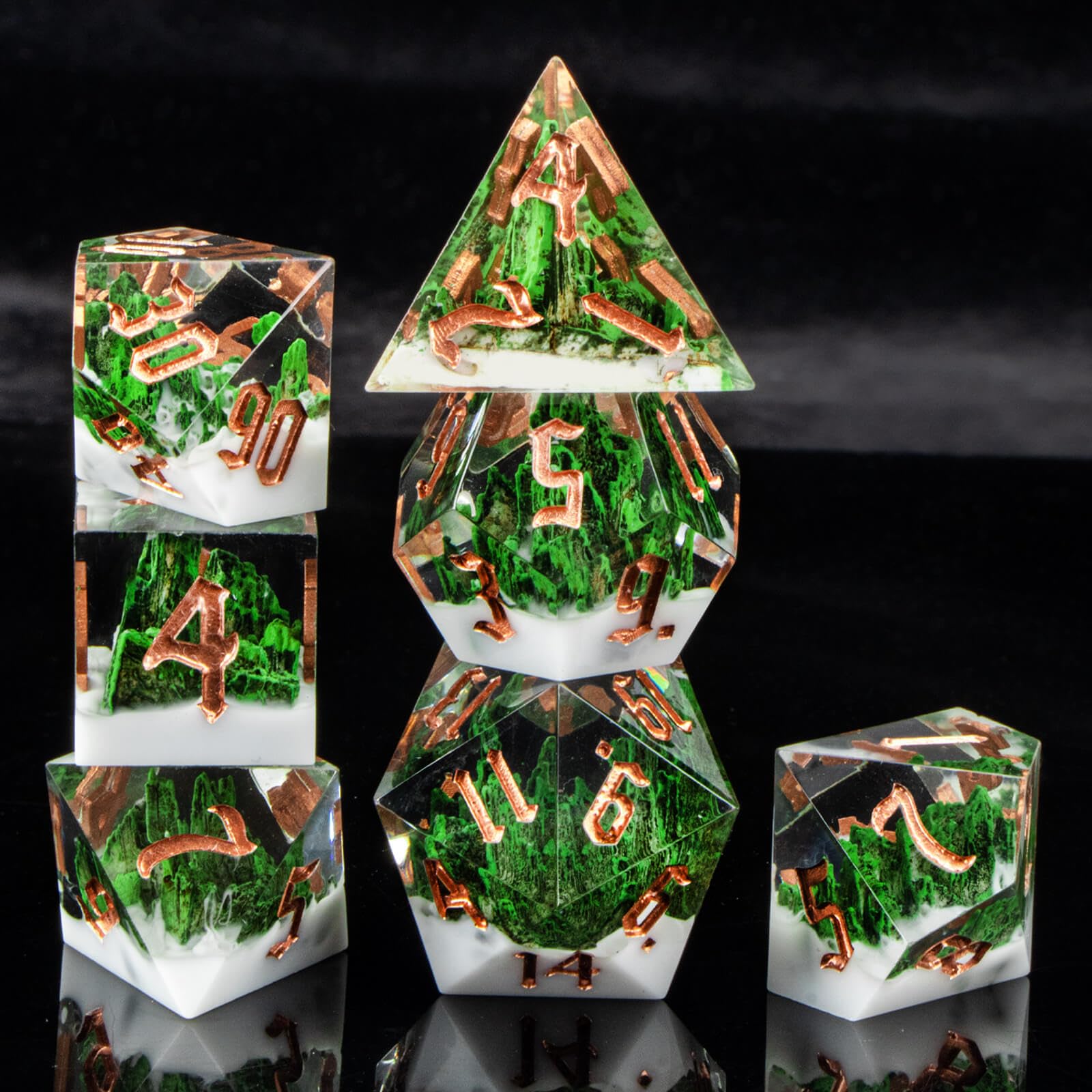 KERWELLSI DND dice set tabletop scene showcases nature inspired design.