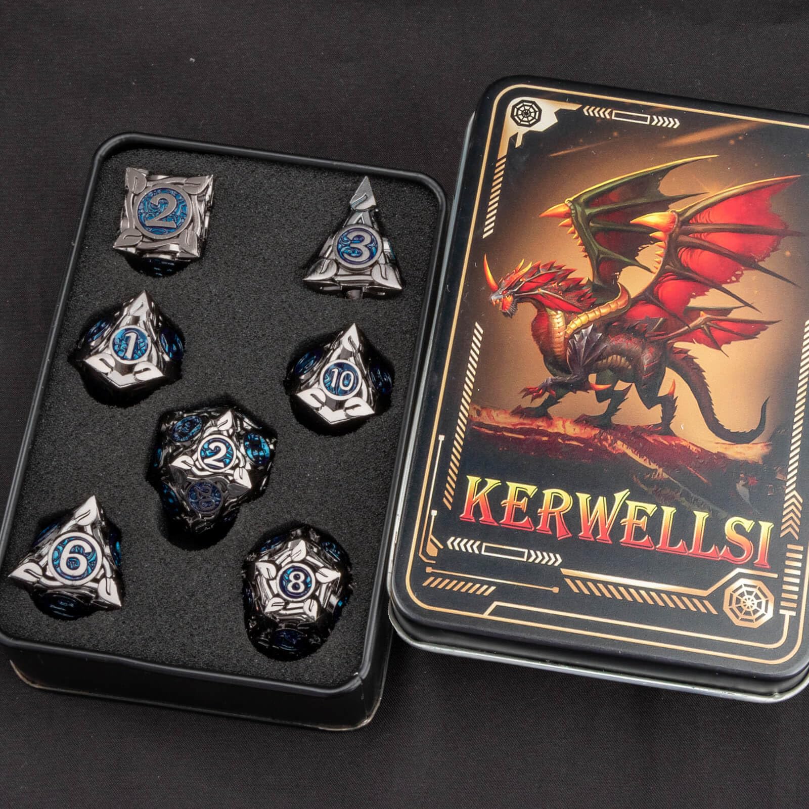 kerwellsi dnd dice set; durable and detailed metal design