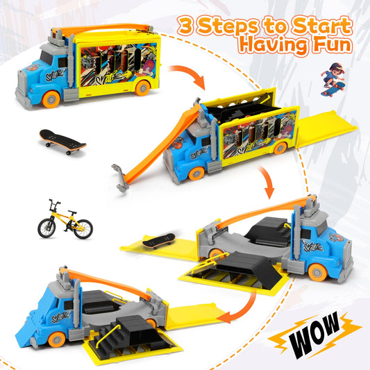 KETIEE transforming truck ramps setup enables quick mini skatepark tricks.