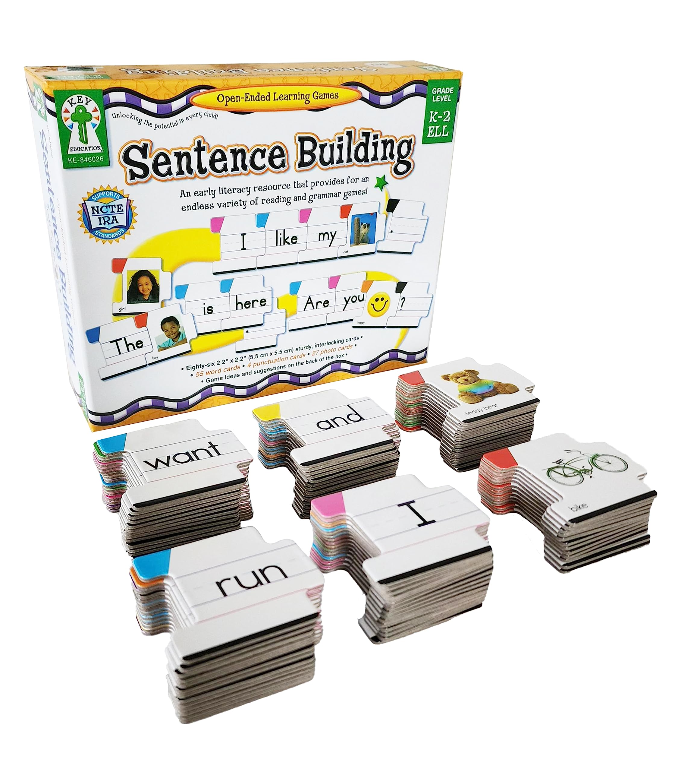 Key Education sentence-building words cards color-coded by parts of speech for grammar practice.