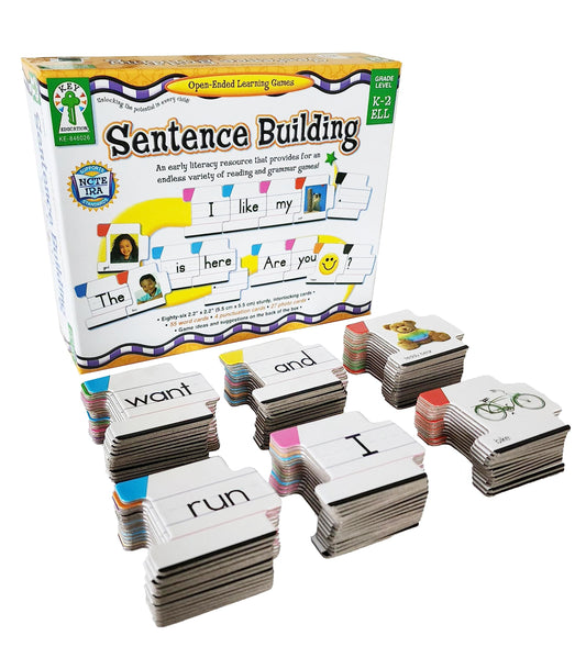 Key Education sentence-building words cards color-coded by parts of speech for grammar practice.