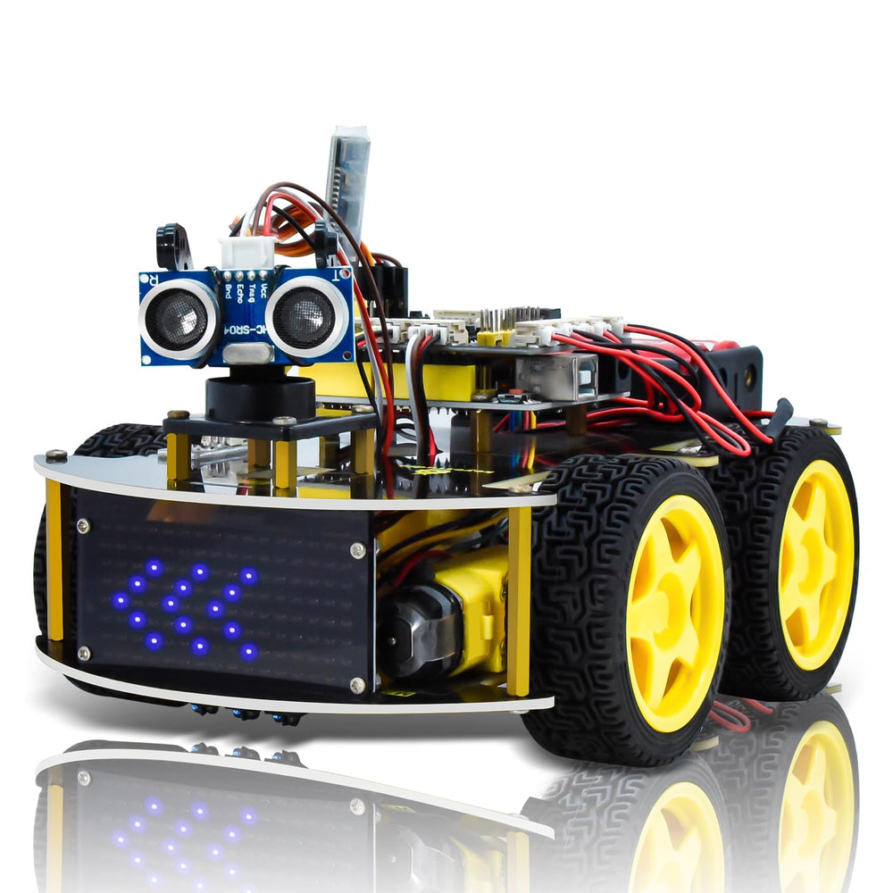 Keyestudio smart car robot assembly view highlights 4WD chassis ready for Arduino