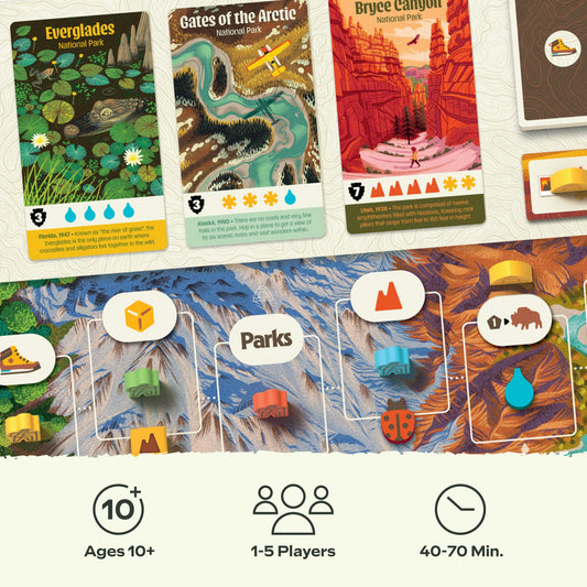 Keymaster Games Parks 2nd Edition hikers wood pieces highlight premium components for play