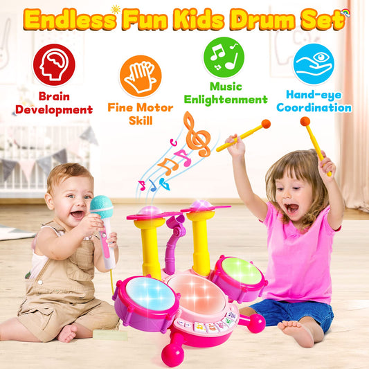 Keysense Kids Drum Set microphone enables singing sessions and social play.