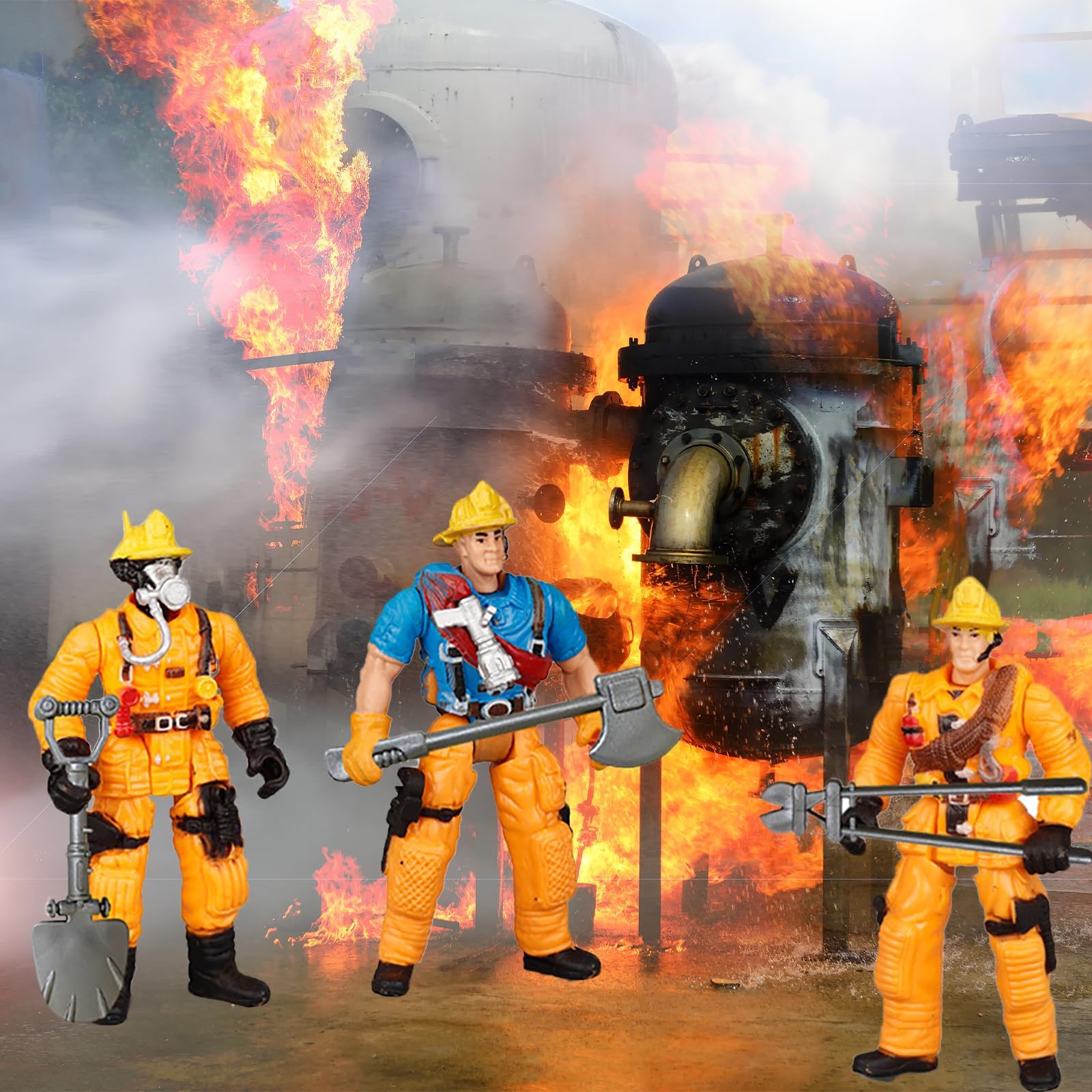 KEYUM detailed firefighter figurines with articulated limbs for dynamic posing.