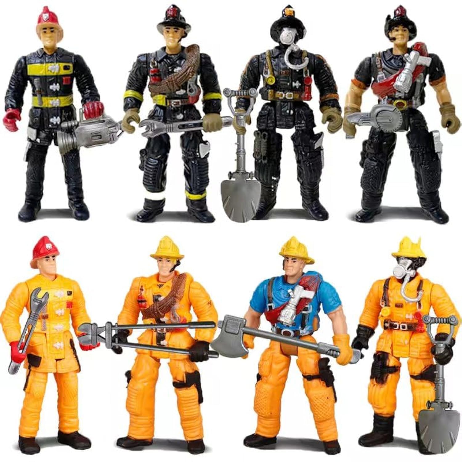 KEYUM firefighter action figures set with tools for imaginative play.