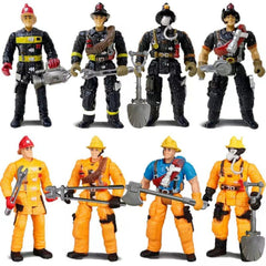 KEYUM firefighter action figures set with tools for imaginative play.