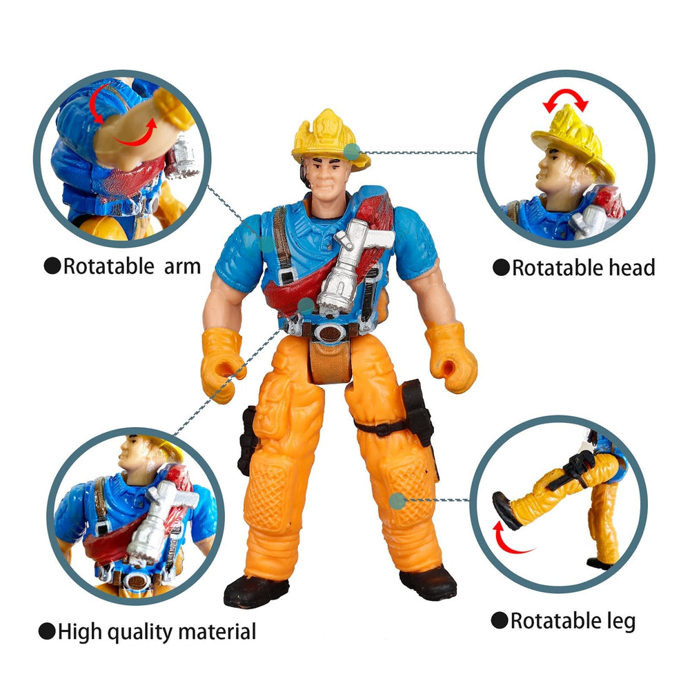 KEYUM kids playset eight-piece fire crew with accessible tools.