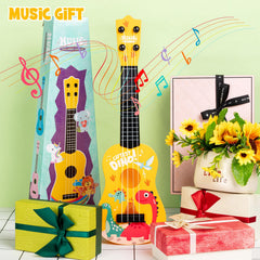 KFPPLXQ mini guitar 17inch dinosaur close-up body shows safe ABS construction.
